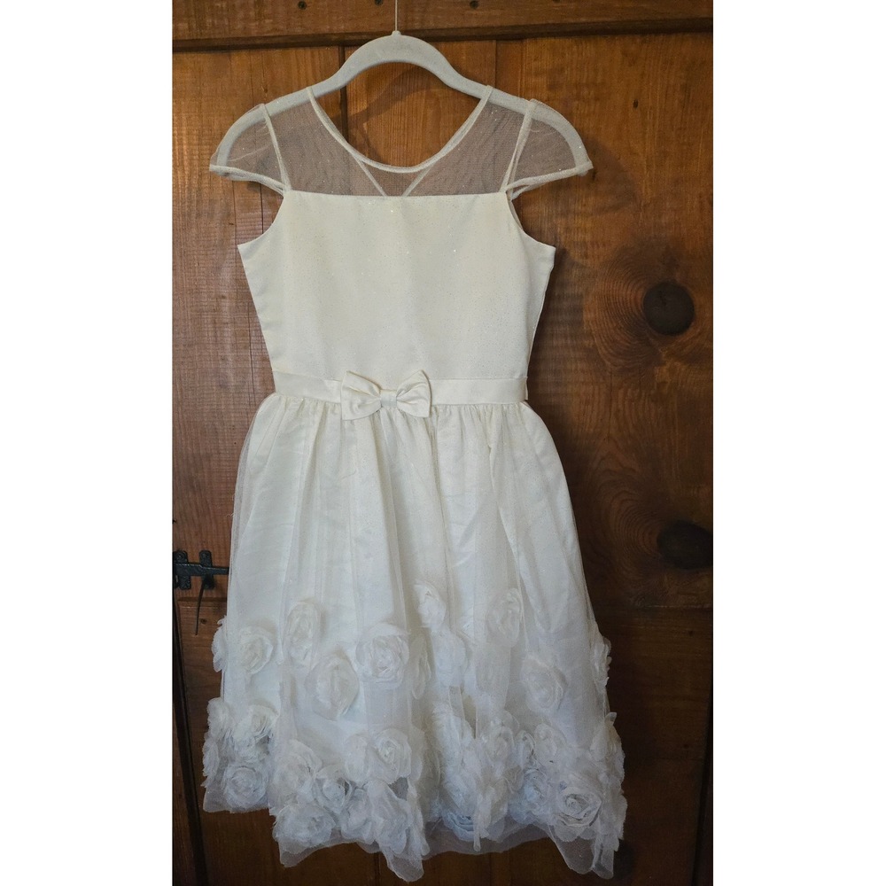 Girls Ivory Glitter 3D Rosette Tulle Flower Girl Formal Dress Ivory White